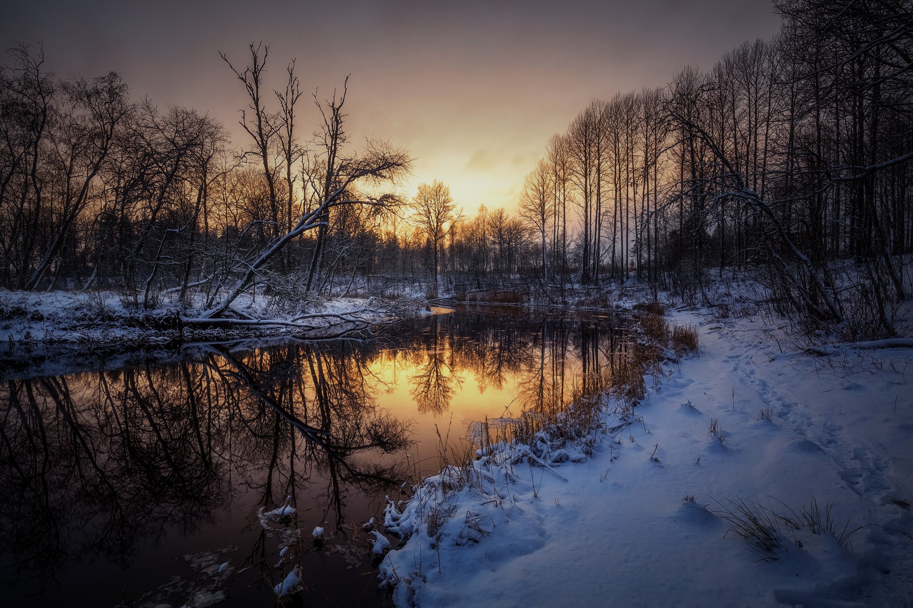 Snowy Estonian riverbank at dusk, warm light reflected in the water